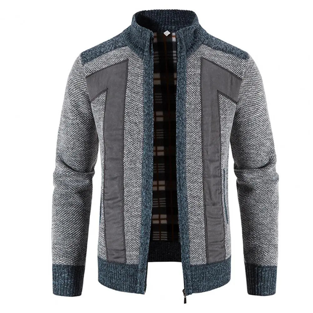 Men Cardigan Knit Patchwork Breathable Thick Long Sleeves