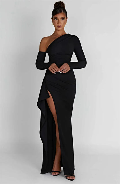 Oblique Shoulder Thigh Split Maxi Dress Long Sleeve Backless Bodycon Long