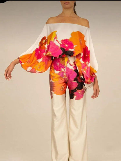 Satin Print Suit Fashion Hollow Off Shoulder Tops With Long Pants