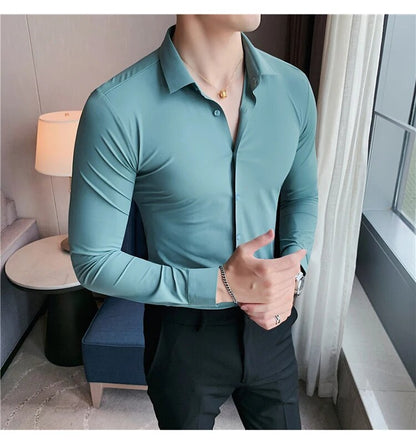 Stretchy High Elasticity Men Shirts Long Sleeve Slim Fit Casual