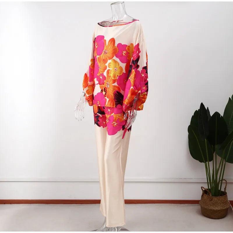 Satin Print Suit Fashion Hollow Off Shoulder Tops With Long Pants