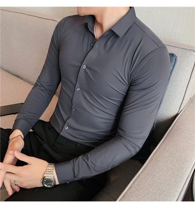 Stretchy High Elasticity Men Shirts Long Sleeve Slim Fit Casual