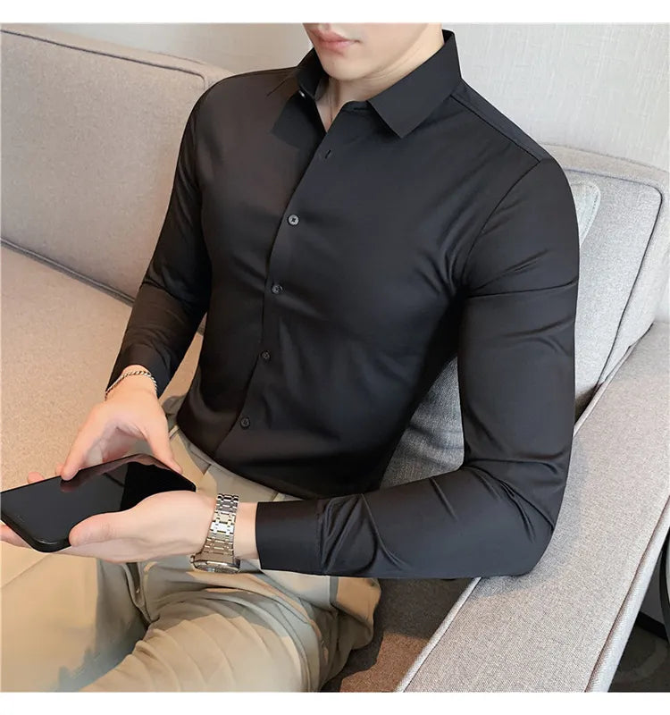 Stretchy High Elasticity Men Shirts Long Sleeve Slim Fit Casual