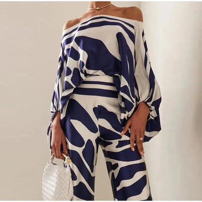 Satin Print Suit Fashion Hollow Off Shoulder Tops With Long Pants