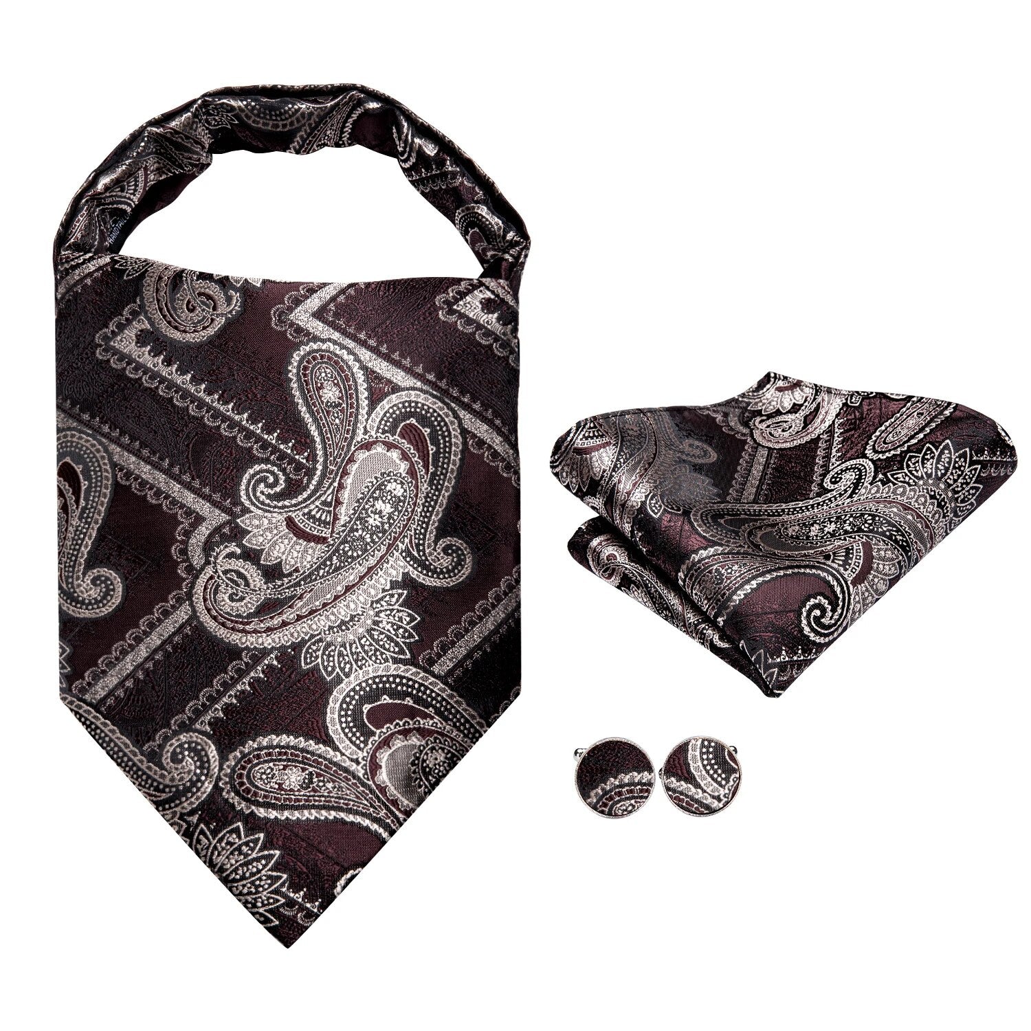 Hi-Tie Silk Mens Ascots Hanky Cufflinks Set Jacquard Paisley Floral Cravat