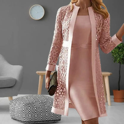 Elegant Two Piece Dress Solid Color Long Sleeve Knee-length