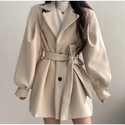 Long Puff Sleeve Clothes Autumn Elegant Belt Coat Women Chic Midi