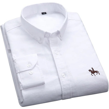 Cotton Oxford Shirts Men Long Sleeve Horse Casual No Pocket Solid