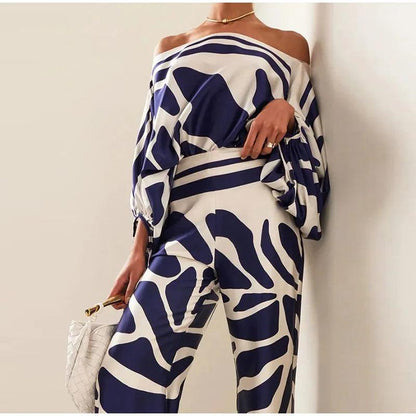 Satin Print Suit Fashion Hollow Off Shoulder Tops With Long Pants