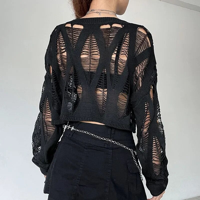 Hollow Net Pullovers Black Loose Top