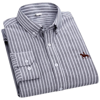 Cotton Oxford Shirts Men Long Sleeve Horse Casual No Pocket Solid