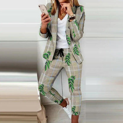 Elegant Office Women Blazers Pants Outfit Print Long Sleeve 2 pcs