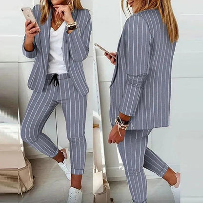 Elegant Office Women Blazers Pants Outfit Print Long Sleeve 2 pcs