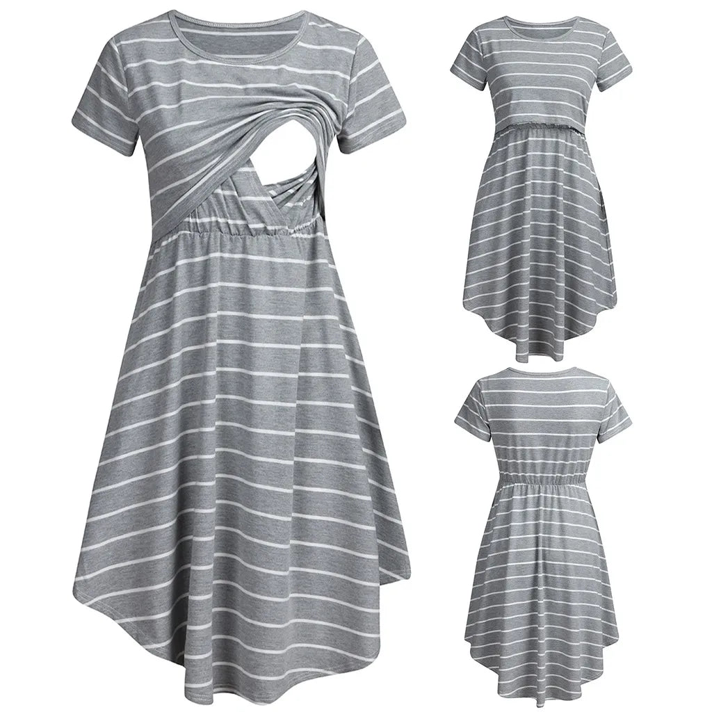 Maternity Striped Patchwork Dress with nursing pull out