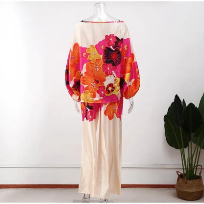 Satin Print Suit Fashion Hollow Off Shoulder Tops With Long Pants