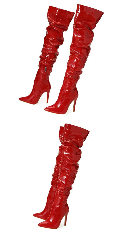 High Thigh Leather Pointy Toe Zipper Boots