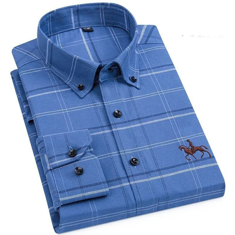 Cotton Oxford Shirts Men Long Sleeve Horse Casual No Pocket Solid