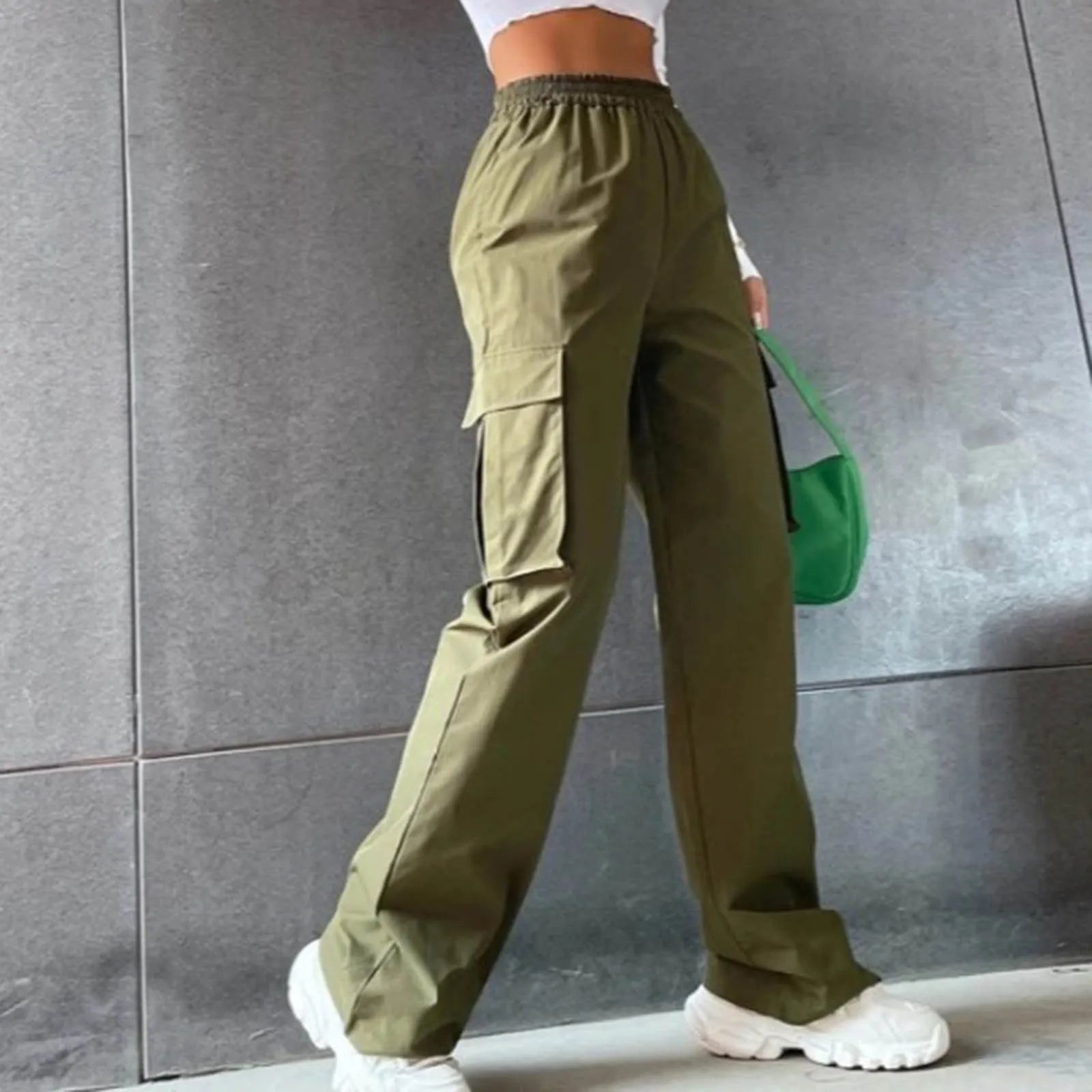 Pockets Casual Elastic Waist Loose Cargo Pants