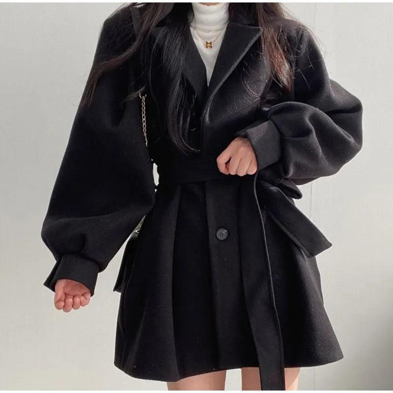 Long Puff Sleeve Clothes Autumn Elegant Belt Coat Women Chic Midi