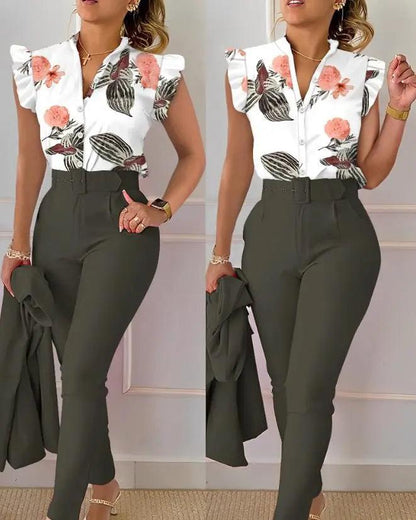 Two Piece Outfit Geometric Print Flutter Sleeve Top & Pants Set