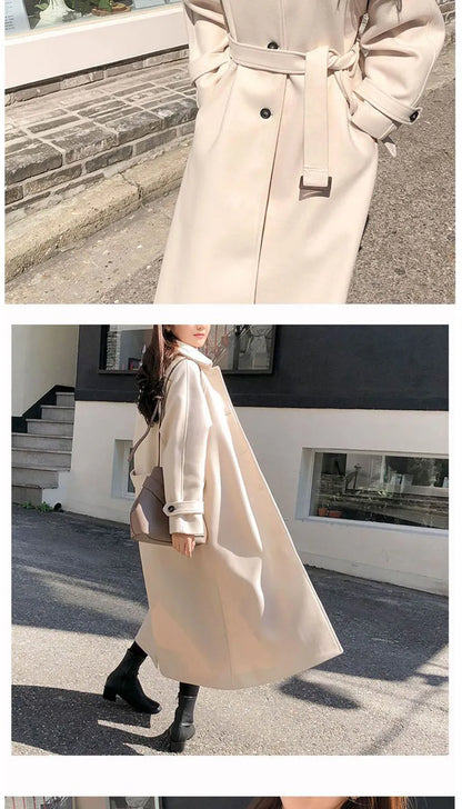 Faux Wool Elegant with Belt Thick Long Coat