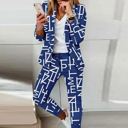 Elegant Office Women Blazers Pants Outfit Print Long Sleeve 2 pcs