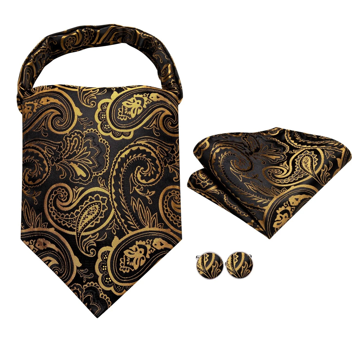 Hi-Tie Silk Mens Ascots Hanky Cufflinks Set Jacquard Paisley Floral Cravat