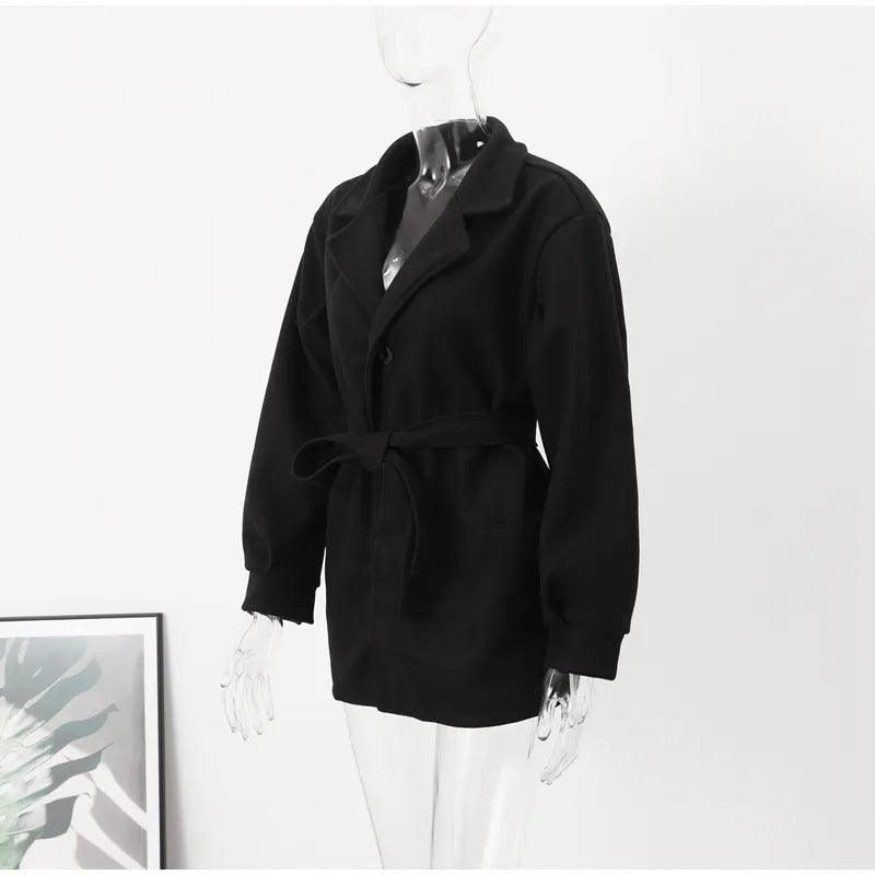 Long Puff Sleeve Clothes Autumn Elegant Belt Coat Women Chic Midi