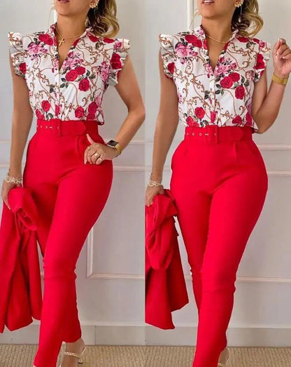 Two Piece Outfit Geometric Print Flutter Sleeve Top & Pants Set