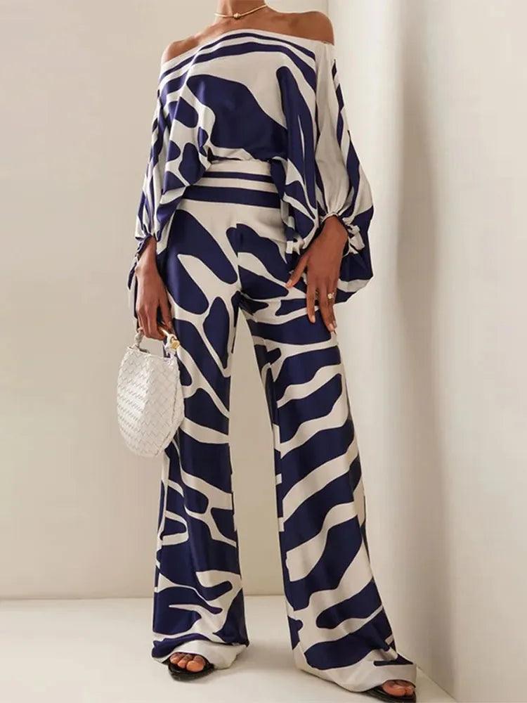 Satin Print Suit Fashion Hollow Off Shoulder Tops With Long Pants