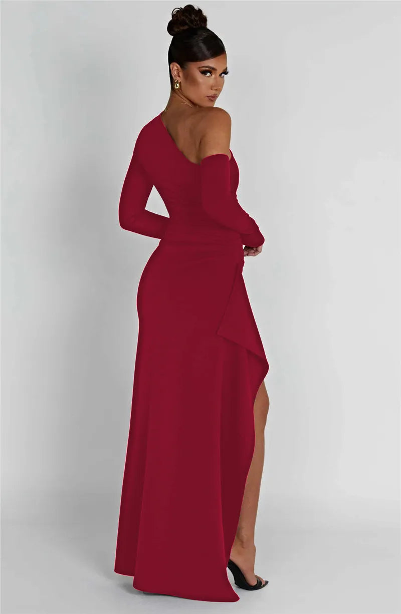 Oblique Shoulder Thigh Split Maxi Dress Long Sleeve Backless Bodycon Long