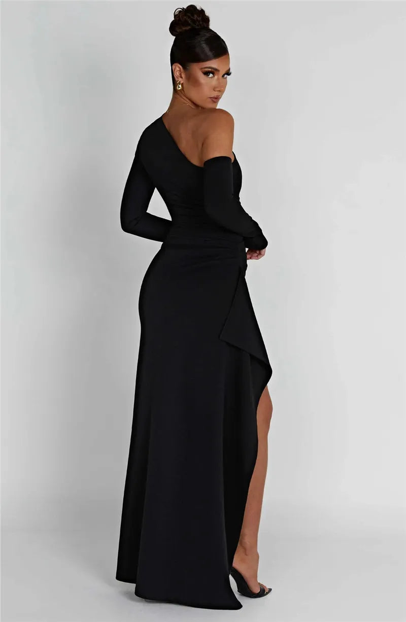 Oblique Shoulder Thigh Split Maxi Dress Long Sleeve Backless Bodycon Long