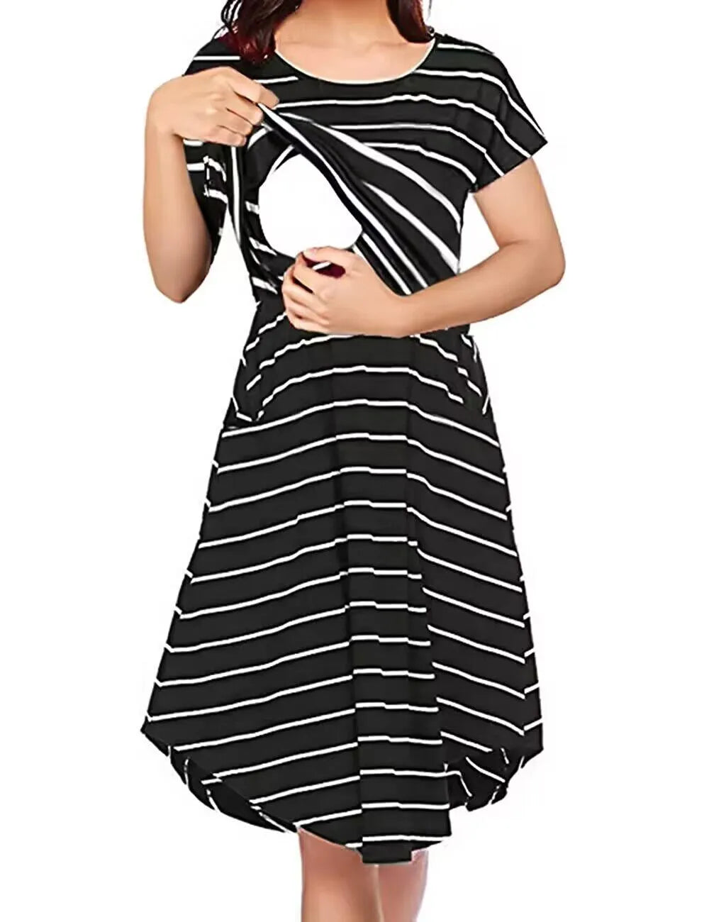 Maternity Striped Patchwork Dress with nursing pull out