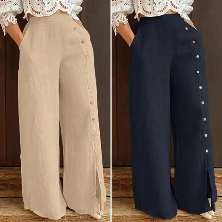 Button Down Split Wide Leg High Waist Loose Casual Pants