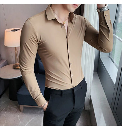 Stretchy High Elasticity Men Shirts Long Sleeve Slim Fit Casual