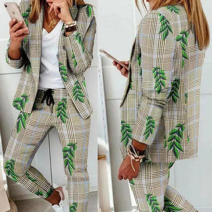 Elegant Office Women Blazers Pants Outfit Print Long Sleeve 2 pcs