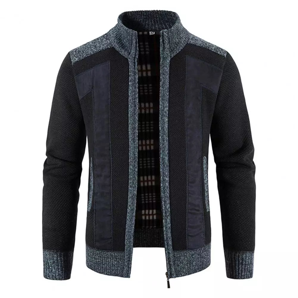 Men Cardigan Knit Patchwork Breathable Thick Long Sleeves