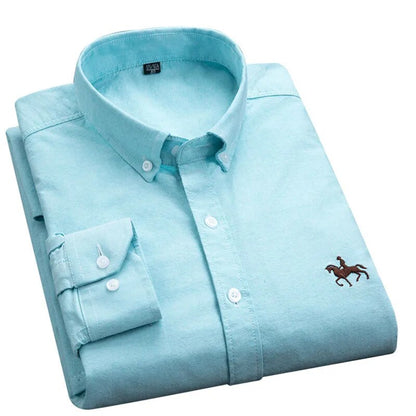 Cotton Oxford Shirts Men Long Sleeve Horse Casual No Pocket Solid