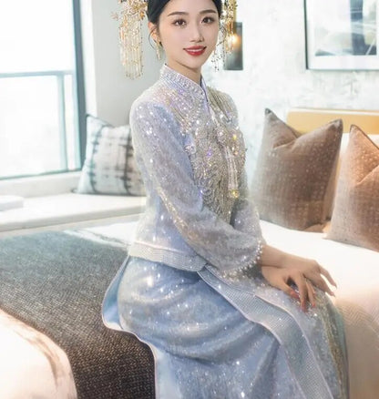 Delicate Blue Phoenix Cheongsam Embroidery Vintage Dress