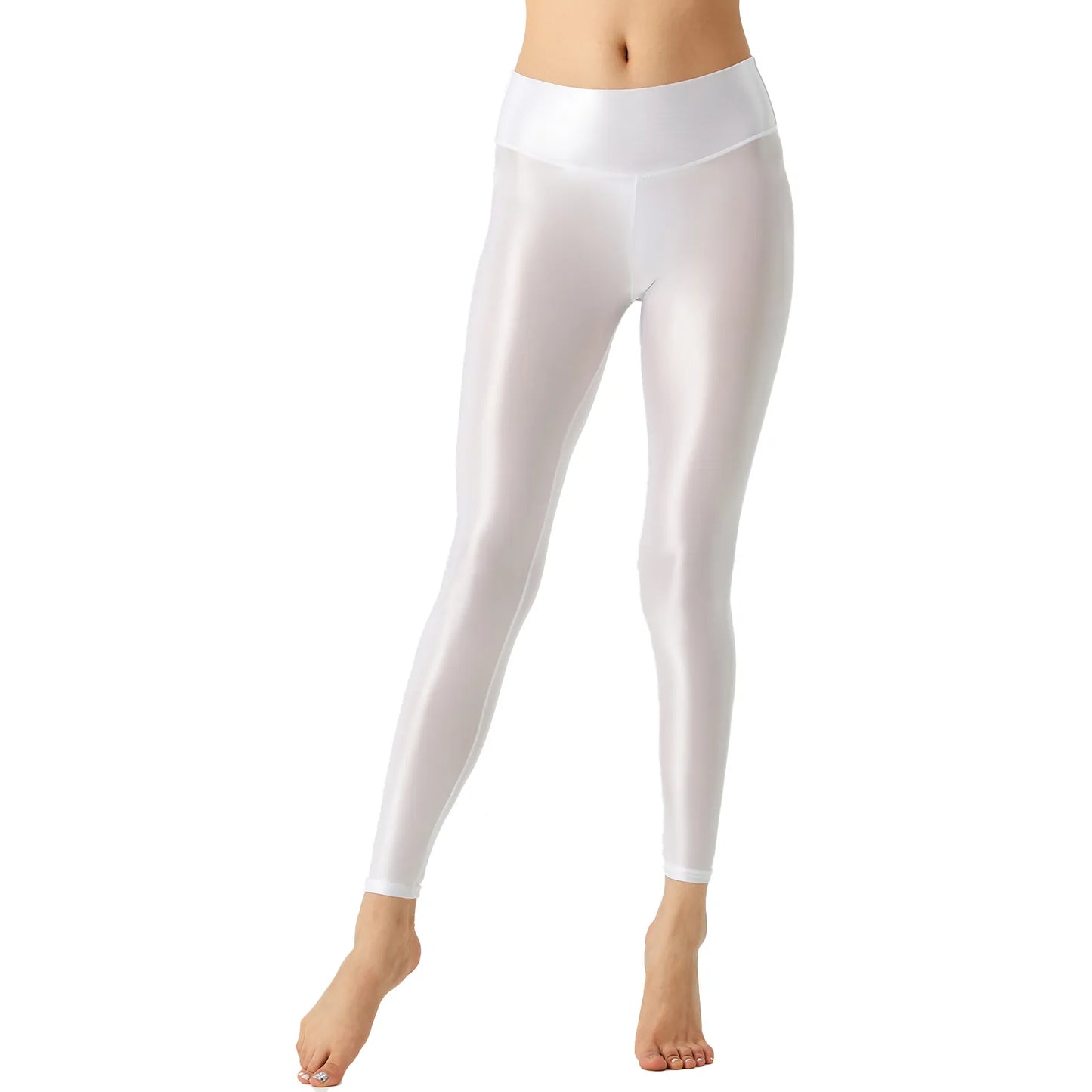 Solid Glossy Pilates Yoga Fitness Wide Elastic Waistband Leggings Stretchy Pants