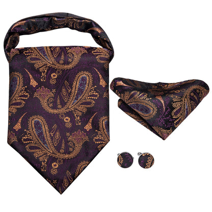 Hi-Tie Silk Mens Ascots Hanky Cufflinks Set Jacquard Paisley Floral Cravat