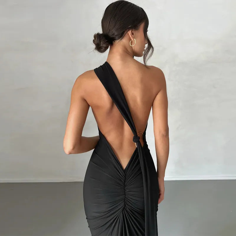 Oblique Shoulder Backless Maxi Dress Back Strap Sleeveless Long Dress