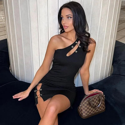 One Shoulder Sleeveless Backless Side Slit Bodycon Mini Dress