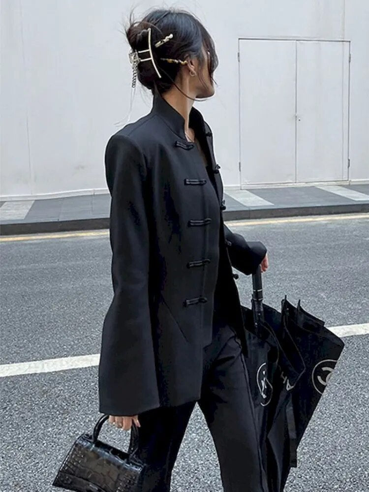 Black Blazer Casual Loose Long Sleeve Modern Women Chinese Style