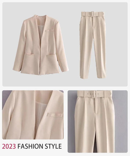 Two Pieces Set Office Wear Blazers Coat With Belt High Waist