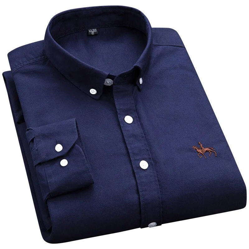 Cotton Oxford Shirts Men Long Sleeve Horse Casual No Pocket Solid