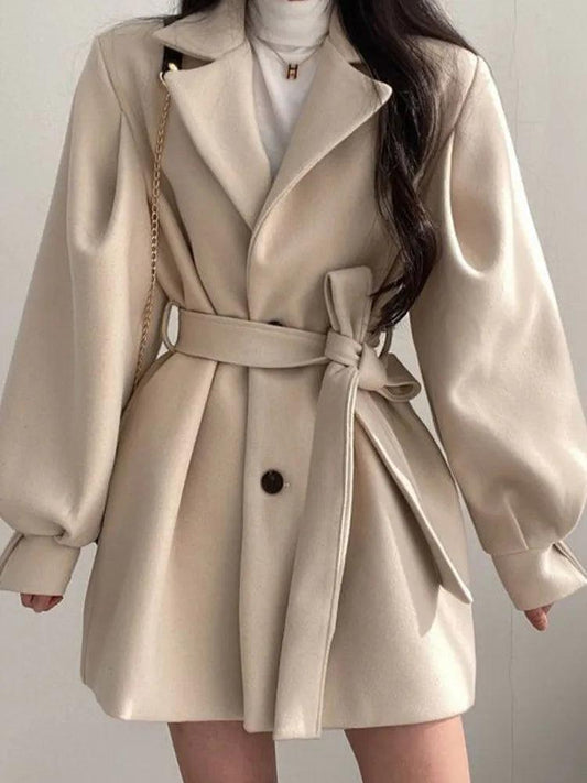 Long Puff Sleeve Clothes Autumn Elegant Belt Coat Women Chic Midi