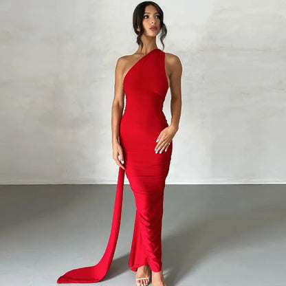 Oblique Shoulder Backless Maxi Dress Back Strap Sleeveless Long Dress