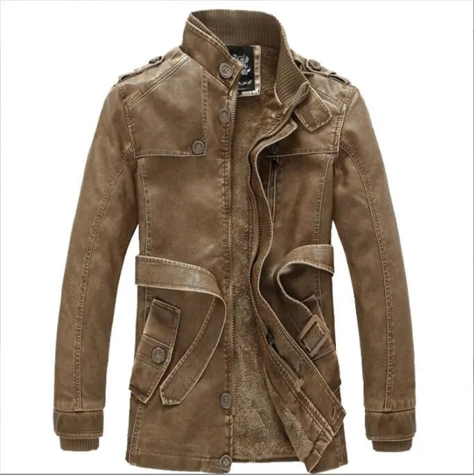 Winter Men's Thick Faux Leather Long Jacket