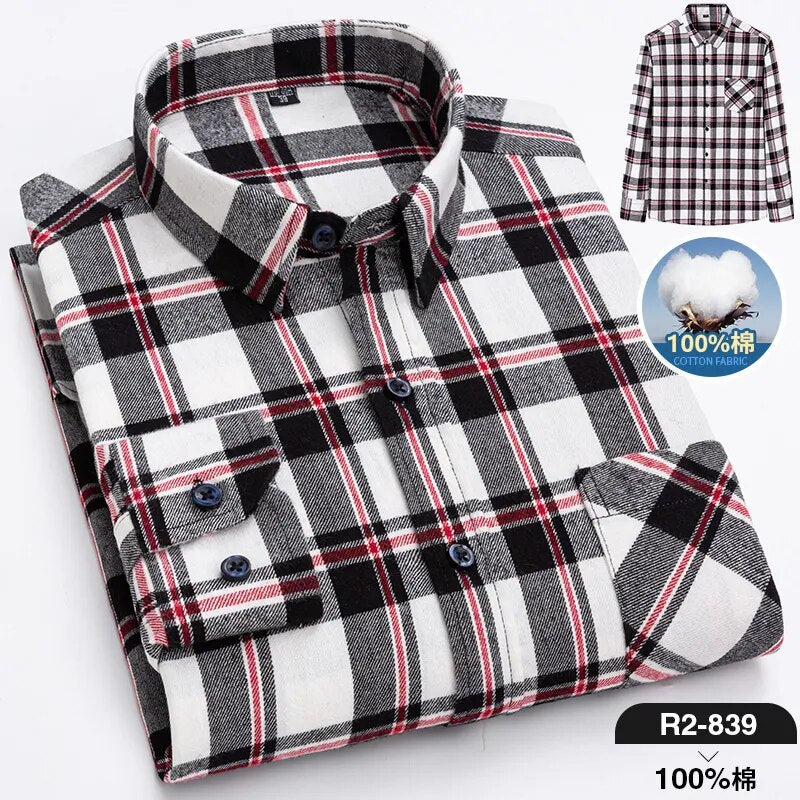 Pure Cotton Men's Plaid Long Sleeve Regular Fit Casual Plus Size